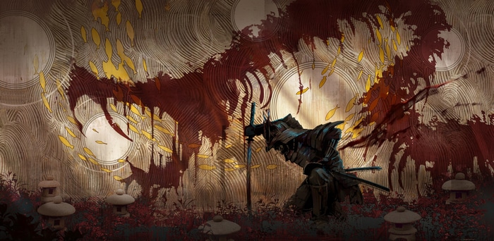 Armored warrior with sword in front of abstract art