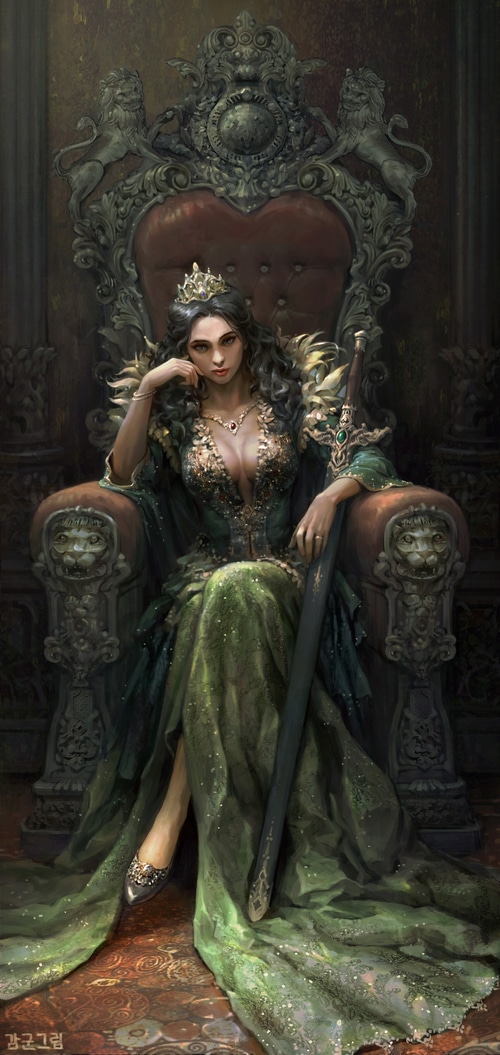 Queen in a green dress on a throne with a sword