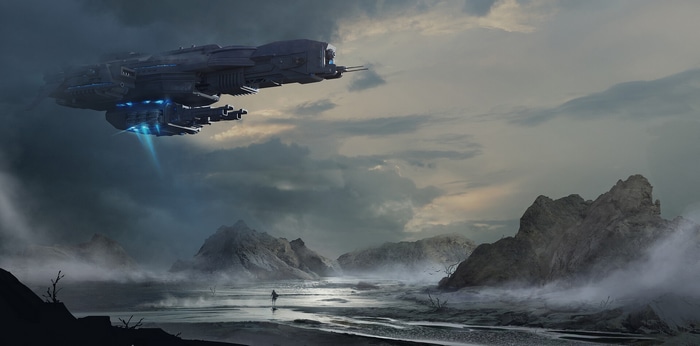 Spaceship flying over a misty, rocky landscape