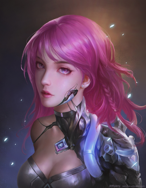 Fantasy art of a cyborg woman with pink hair