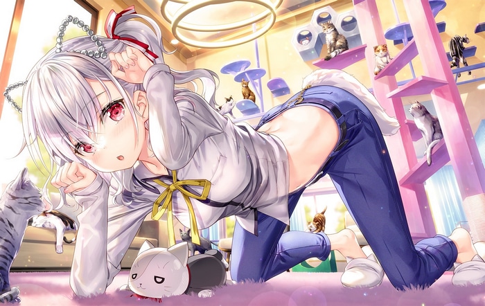 Cat girl with silver hair and red eyes surrounded by cats