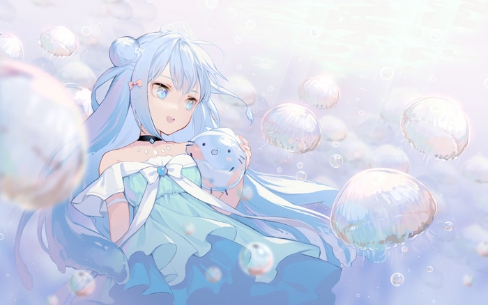 Ritsuki with blue hair and eyes in a blue dress
