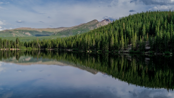 4K lake with forest and mountains reflected in water