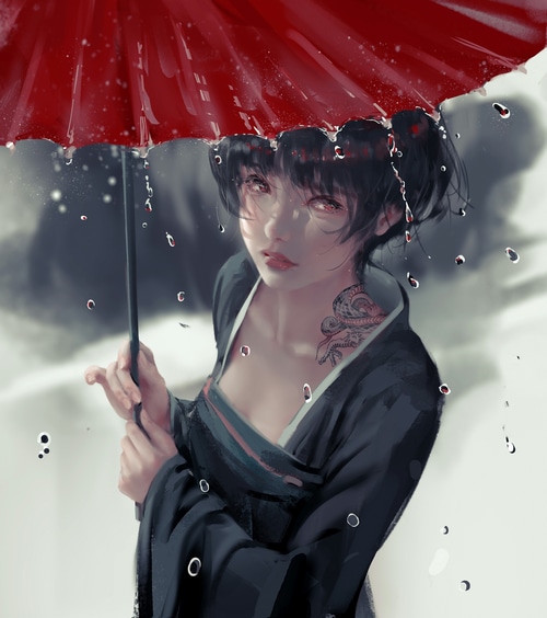 4K Fantasy Girl with Tattoo Under Red Umbrella in Rain