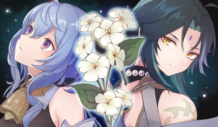 Ganyu and Xiao from Genshin Impact with flowers