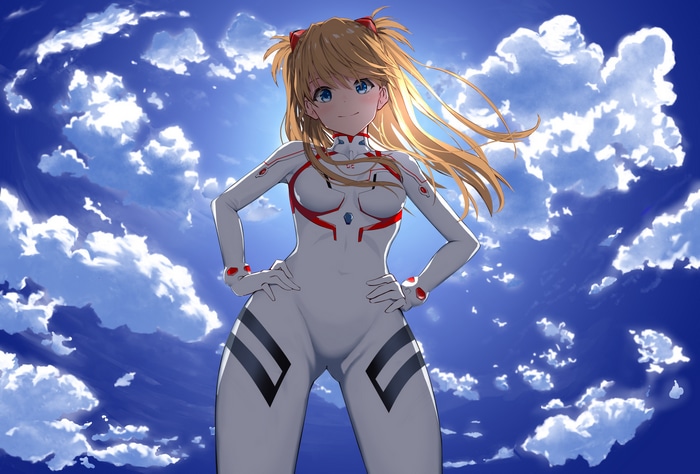 Asuka Langley Soryu in a white bodysuit against a cloudy sky