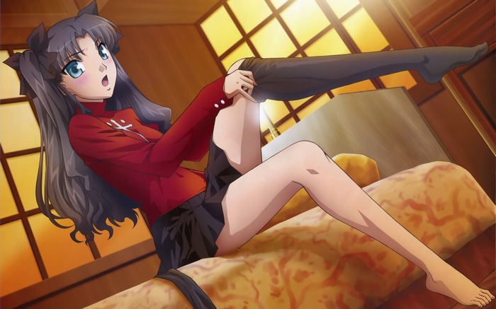 Tohsaka Rin putting on stockings