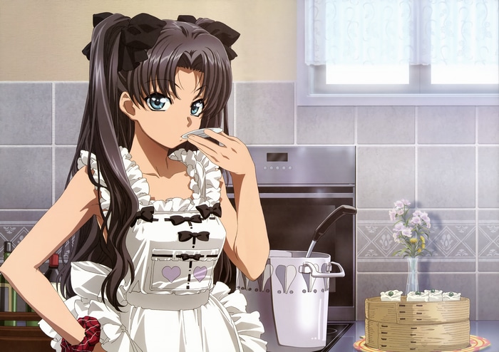 Tohsaka Rin in an apron in the kitchen