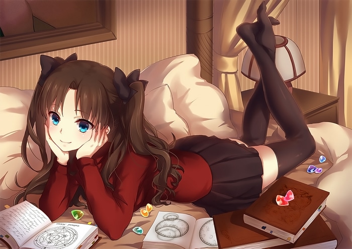 Tohsaka Rin from Fate/Grand Order lying on a bed