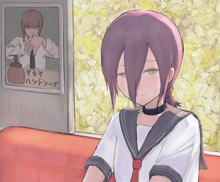 Chainsaw Man Reze blushing on a train