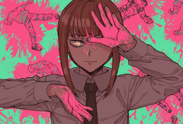 Makima from Chainsaw Man with pink splatters