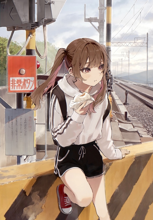 Anime girl with twintails eating by the railway