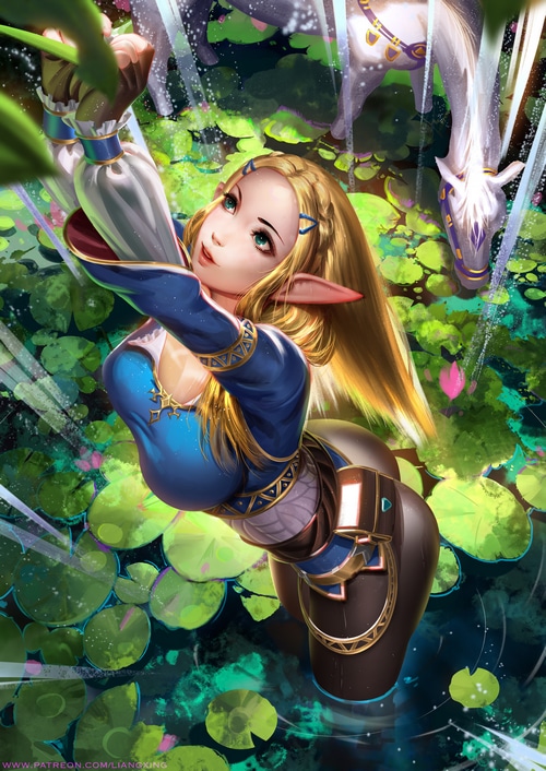 Princess Zelda reaching for leaves with horses in water lilies