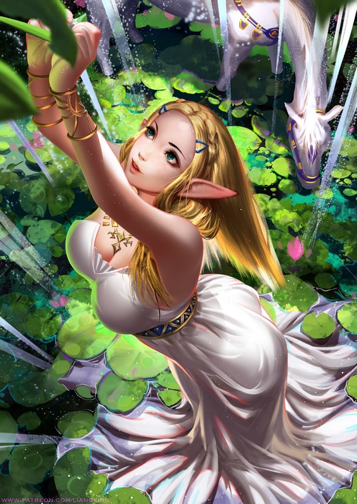 Princess Zelda and a horse in a pond