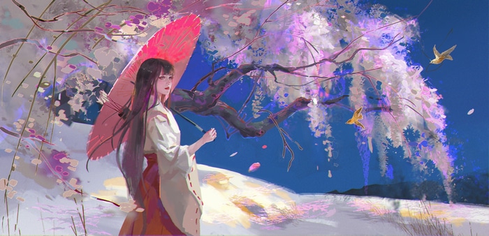 4K Japanese woman with umbrella under wisteria