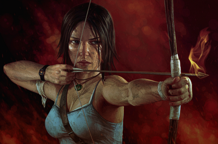 Lara Croft aiming a bow and arrow