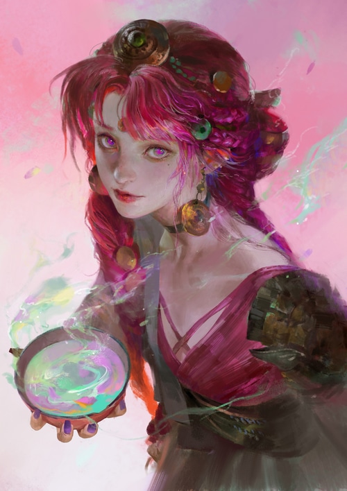 Fantasy girl with pink hair holding a crystal ball
