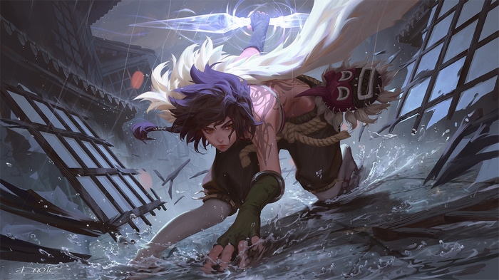 Anime girl with a mask and sword in the rain