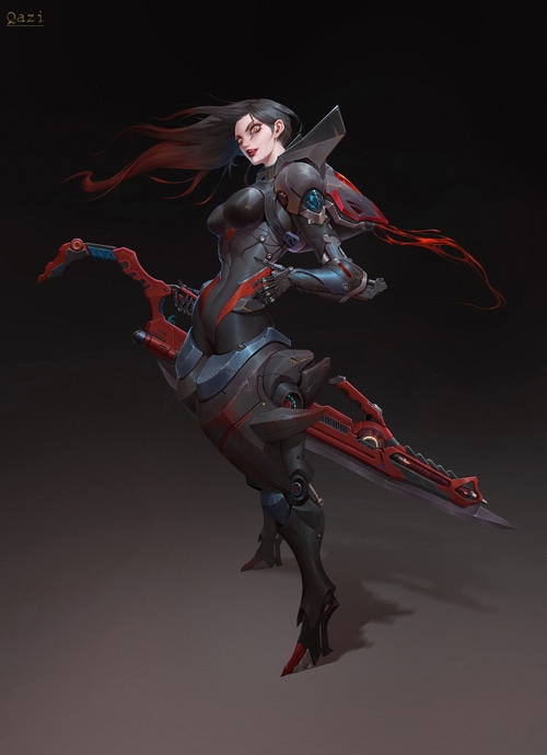 Fantasy art of a cyborg woman with a sword