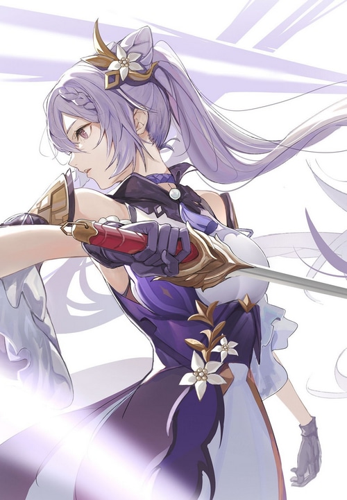 Keqing from Genshin Impact holding a sword