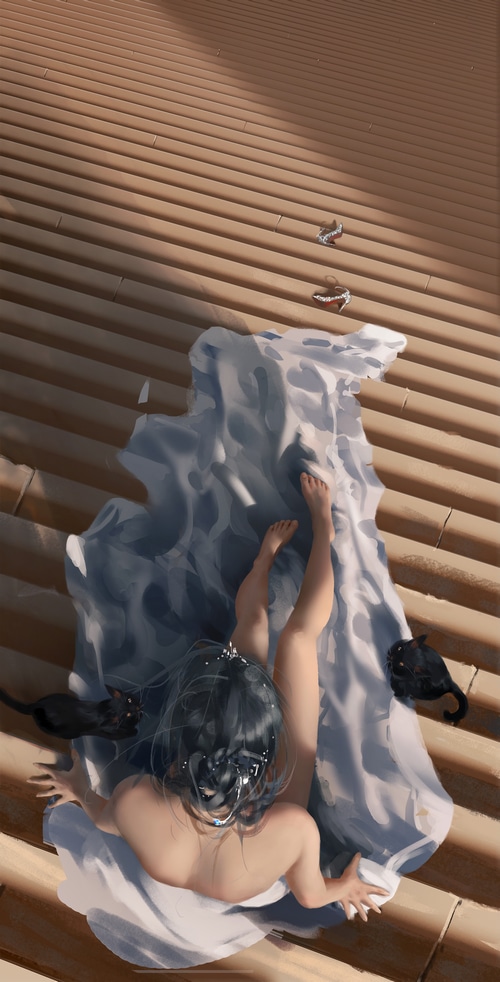 Artwork of a woman with cats on a rooftop