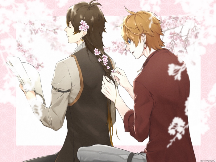 Zhongli and Tartaglia braiding hair with cherry blossoms