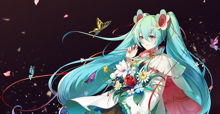 4K Hatsune Miku with Flowers and Butterflies