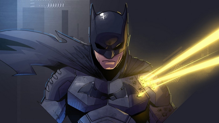 Batman in a dark city with yellow energy beams