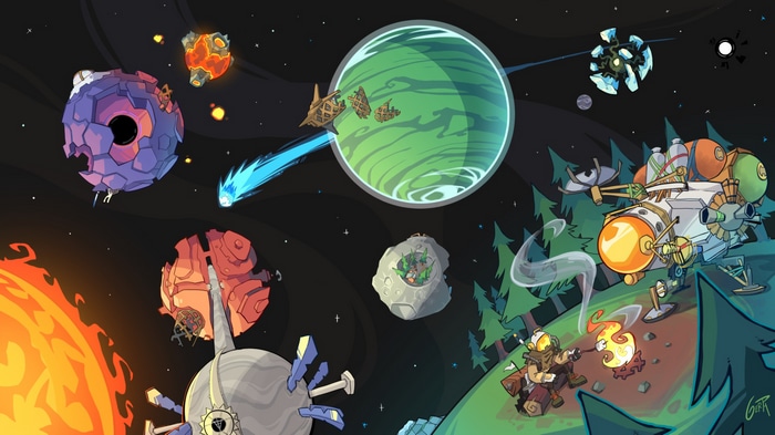 Outer Wilds planets and a character by a campfire
