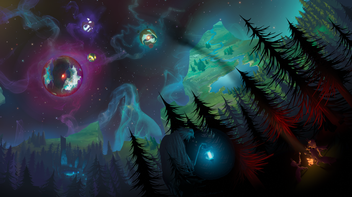 Outer Wilds: Cosmic landscape with planets and forest