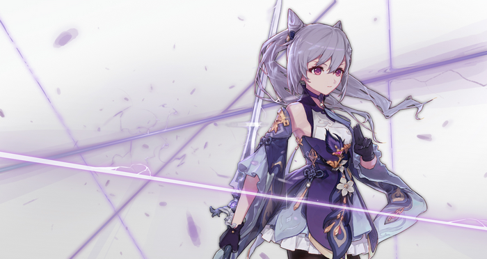 Keqing from Genshin Impact with purple lightning effects