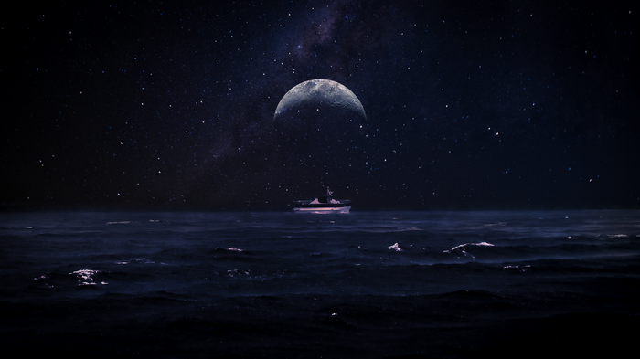 Boat on the sea under the moon and stars