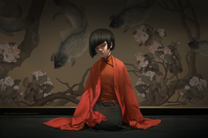 Girl in red dress with koi fish mural
