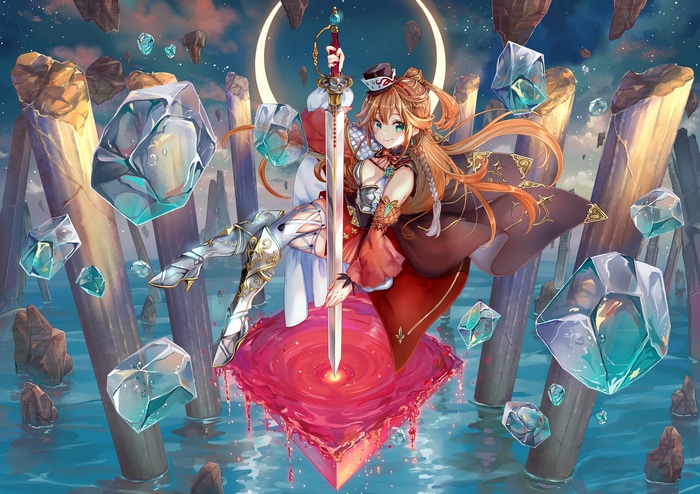 Artwork of a girl with a sword and green eyes