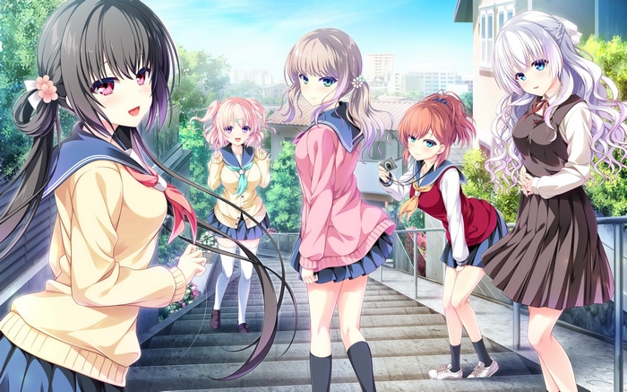 Anime schoolgirls posing on stairs outdoors