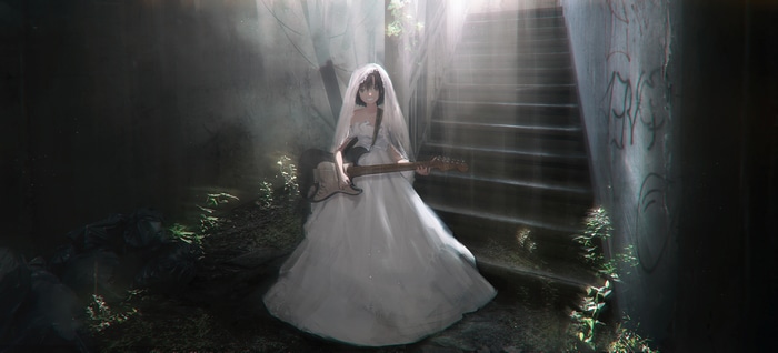 Girl in wedding dress with guitar on stairs