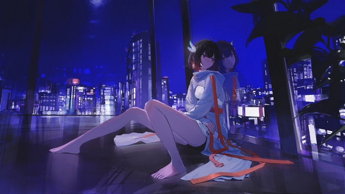 4K anime artwork of a girl in a cityscape at night