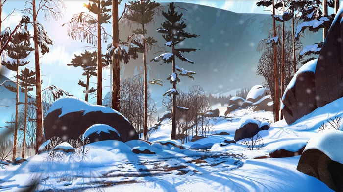 Snowy forest with mountains and birds
