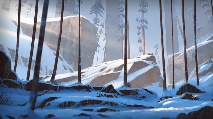 Winter forest with snow-covered rocks and trees