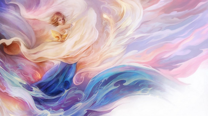Yuna from Final Fantasy X surrounded by flowing fabric and water