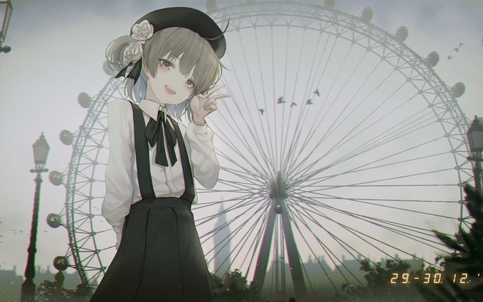 Hatoba Tsugu in front of a Ferris Wheel