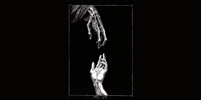 Monochrome illustration of two hands reaching