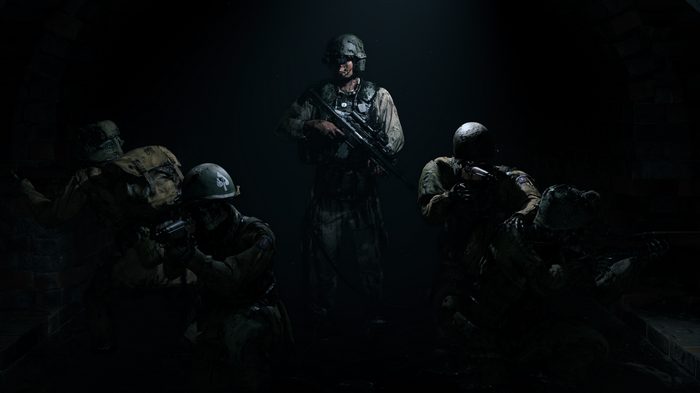 Soldiers in a dark, underground setting