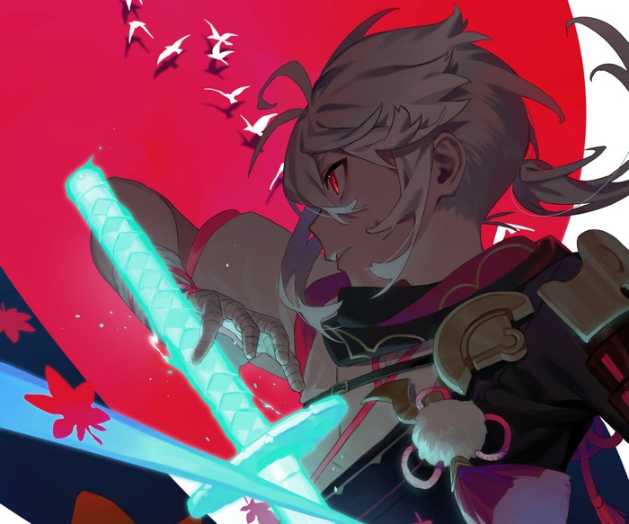 Kaedehara Kazuha with glowing sword and birds