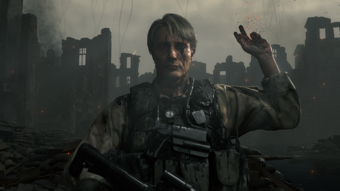 Cliff Unger in a destroyed city in Death Stranding
