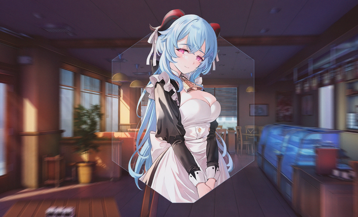 Ganyu in a maid outfit in a cafe