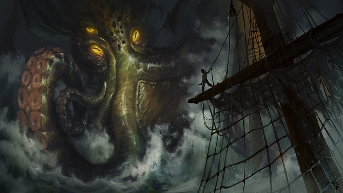 Kraken attacks a sailing ship with a sailor