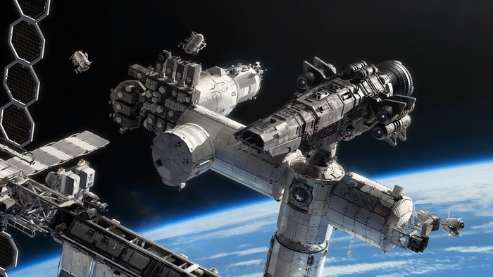 Space station orbiting Earth with attached modules and spacecraft