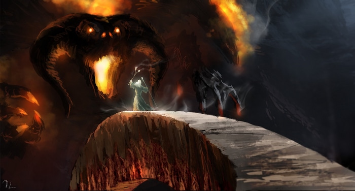 Gandalf confronts the Balrog in Khazad-dûm
