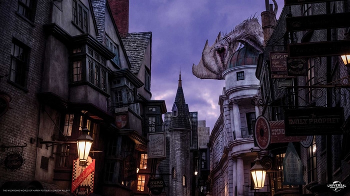 Dragon atop buildings in The Wizarding World of Harry Potter